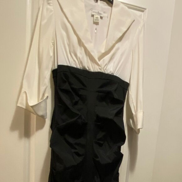 Belissima Formal Wide Lapel 3/4 sleeve Mermaid Gown Ivory & Black Ruched Size 8 - Picture 6 of 11